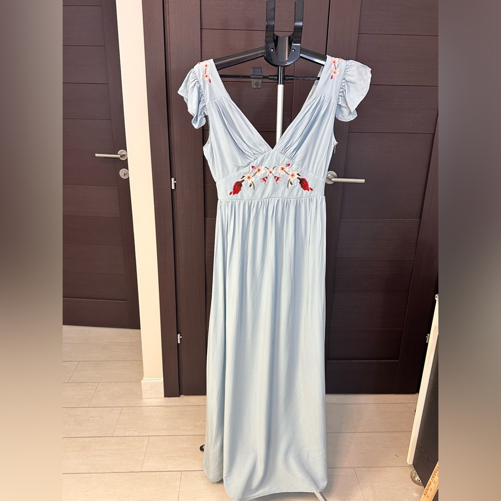 Light Blue Maxi Dress with Floral Embroidery